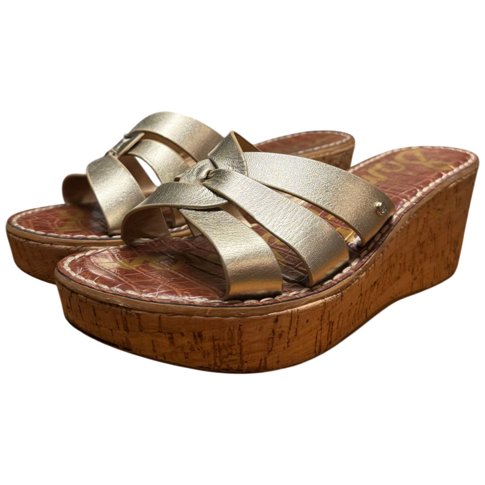 SAM EDELMAN Raynere Women 8.5. Cork Platform Slide Sandals Metallic Gold Leather